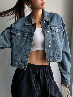 Solid Color Front Button Denim Jacket With Pockets, Casual Long Sleeves Dark Wash Casual  Long Sleeve Denim Plain Other Non-Stretch  Women Clothing, size features are:Bust: ,Length: ,Sleeve Length: Vacay Fits, Jean Jacket Fits, Jean Jacket Styles, Cute Jean Jackets, Cropped Jean Jacket, Crop Jean Jacket, Jean Jacket Women, Blue Denim Jacket, Cool Jackets