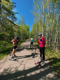 three people on skis are standing in the middle of a road with trees and grass