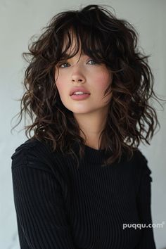 Curtain Bangs Curly Hair: Styling Tips & Ideas - Puqqu Perm Curtain Bangs, Curtain Bangs With Layers Curly Hair, Short Dark Curly Hair, Curly Shag Mullet, Soft Mullet, Curtain Bangs Curly Hair, Tashi Rodriguez, Curtain Bangs Curly, Hair Styling Tips