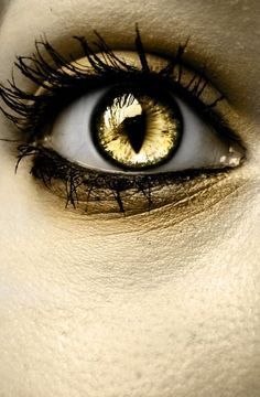 an eye with long lashes and yellow eyeshadow is seen in this artistic photograph