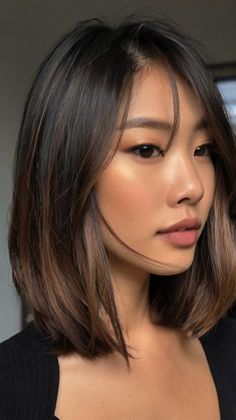 Layered Bob Balayage, Black Hair Balayage Short Hair, Asians With Short Hair, Fall Hair Color For Brunettes Bob, Asian Fall Hair Color, Short Hair Balayage Asian, Asian Hair Ombre, Short Black Hair Highlights, Hair Highlights Dark Hair