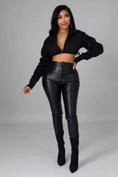 Crop top Collar Long sleeves Ruched Button closure 65% polyester 35% cotton Hand wash cold Model is wearing a small Black Media, Large Black, Leather Pants, A Small, Crop Top, Hand Wash, Crop Tops, Collar, Long Sleeve