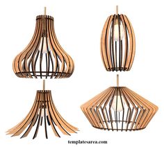 three wooden lamps hanging from the ceiling, one is shaped like a birdcage