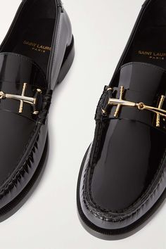 SAINT LAURENT Embellished patent-leather loafers | NET-A-PORTER Louboutin Wedding Shoes, Mule Shoes Outfit, Gold Loafers, Mens Black Dress Shoes, Black Dress Shoes, Office Dress, Fancy Shoes, Mens Fashion Casual Outfits