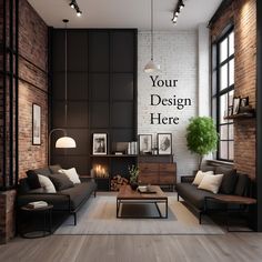 a living room filled with furniture and a brick wall