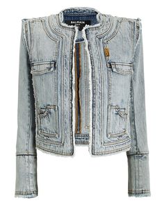 Shop Frayed Collarless Denim Jacket from Balmain in blue. Chloe 2024, Balmain Denim, Collarless Denim Jacket, Designer Jeans For Women, Collarless Jacket, Denim Clothing, Ribbed Mini Dress, Acid Wash Denim, Silk Camisole