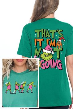 Make a humorous statement this festive season with this 'That's It, I'm Not Going' Grinch Christmas unisex short-sleeved graphic tee. This tee captures the holiday mood for those who prefer to keep things low-key. Featuring the beloved Grinch character in bold colors, this design is perfect for holiday enthusiasts with a side of sass. The high-quality fabric blend ensures a comfortable and stylish fit, suitable for all genders. Crafted with care in Nicaragua, the high-quality graphic tee stays v Fun Holiday T-shirt With Short Sleeves, Fun Short Sleeve T-shirt For Holidays, Holiday Fun Short Sleeve T-shirt, Fun Christmas Short Sleeve T-shirt, Fun Holiday T-shirt With Graphic Print, Fun Graphic Print T-shirt For Holiday, Christmas Funny Print Short Sleeve T-shirt, Fun Holiday Graphic Print T-shirt, Fun Christmas T-shirt With Graphic Print