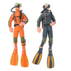 two action figures, one in an orange diving suit and the other in scuba gear