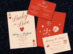 two red and white wedding cards with dice on them