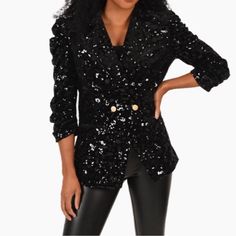 Nwt $398 Emily Mccarthy Bradshaw Blazer In Black Cheetah Sequin - Size S Length: 27" Underarm To Underarm: 20" Arm Inseam: 12" Jc Luxury Sequined Blazer For Night Out, Chic Fitted Sequin Outerwear, Luxury Fitted Sequin Outerwear, Luxury Long Sleeve Sequined Outerwear, Luxury Long Sleeve Blazer For Party, Glamorous Black Spring Blazer, Black Fitted Blazer With Sequins, Winter Sequin Blazer, Chic Long Sleeve Blazer With Sequins