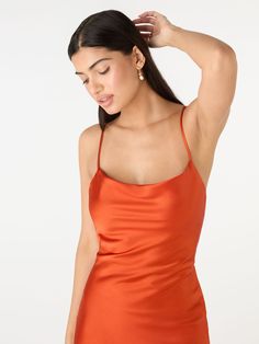 Our best-selling Riviera in heatwave Brick Orange. Inspired by 90s slip dresses, with a flattering body-skimming cut, cowl neck and show-stopping tie back detail. Expertly crafted from 100% satin-feel Recycled Polyester. We’ve designed the Riviera with longevity and sustainability in mind, she's about to become your new favourite item in your wardrobe. 90s Slip Dress, Slip Dresses, Turtle Neck Jumper, Midi Cocktail Dress, Ribbed Turtleneck, Slim Dresses, Straight Leg Trousers, Affordable Clothes, Shirt Skirt