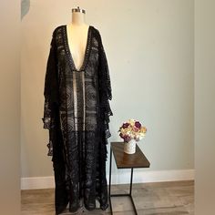 Nwt-Kaftan Knitted Black Black One-size Beach Cover-up, One Size Black Beach Cover-up, Black Long Sleeve Festival Kaftan, Black One-size Cover-up For Vacation, Black One Size Cover-up For Vacation, One Size Black Cover-up For Vacation, Black Long Sleeve Cover-up For Festivals, Black Long Sleeve Festival Cover-up, Fitted Long Sleeve Kaftan For Beach