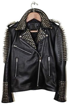 +  Handmade+Men's+Black+Studded+&+Golden+Long+Spiked+Studded+Punk+Fashion+Black+Leather+Jacket    Condition:+Brand+New+With+Tags  Material:Original+Leather  Color:Black+Jacket+Silver+Studded+  Size:+Kindly+See+Size+Chart+  Inside:+Soft+Smooth+Lining+  Style:+Rock+Punk+Studded+  Closing:+YKK+Zippe... Jaket Motor, Brown Leather Jacket Men, Steampunk Jacket, Character Wardrobe, Rider Jacket, Studded Leather Jacket, Black Punks, Studded Jacket, Lambskin Leather Jacket