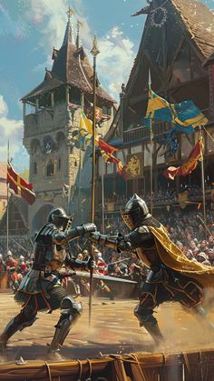 Knights jousting at the 4th year celebrations when the young squires are knighted by King Dagonaut.  #kights #joust #kings #medieval #castle #squire #novel #fantasy Medieval Knight Art, Fantasy Medieval Castle, Knights Jousting, Medieval Fantasy Art, Jousting Knight, Medieval Tournament, Medieval Battle, Victoria Secret Wallpaper, Medieval Knights