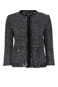 Current Boutique-Elie Tahari - Black & Grey Tweed & Leopard Print Jacket Sz 2 Tailored Black Tweed Jacket For Winter, Fitted Black Tweed Jacket For Winter, Panel Jacket, Long Dresses Casual Maxi, Boss Ladies, Safari Chic, Beige Blazer, Leopard Print Jacket, Embellished Jacket