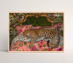 a painting of a leopard laying on a bed with pink and green florals in the background