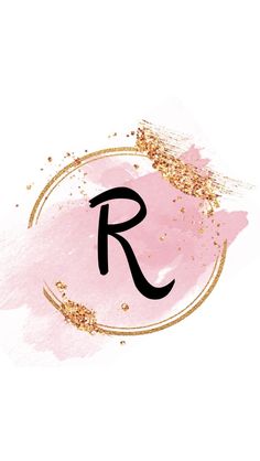 the letter r in gold glitter on a pink background with a circle frame around it