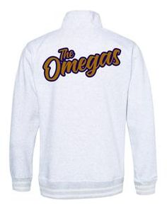 a white sweatshirt with the word, the onegass in gold and purple on it