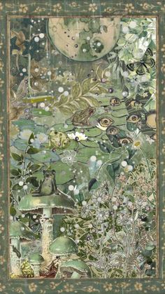 an artistic painting with green and white flowers, leaves and other things in the background