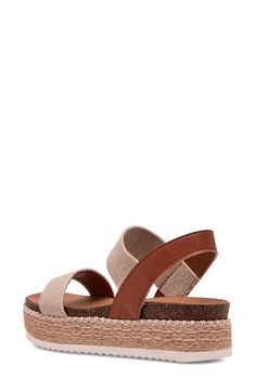 An espadrille-style platform brings earthy texture and summery style to a breezy sandal. 2" heel; 1 1/2" platform (size 11) Elasticized ankle strap Synthetic and textile upper/synthetic and textile lining/synthetic sole Imported Women's Shoes