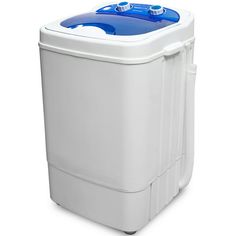 a white and blue cooler on a white background