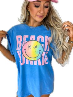 Retro Summer Loungewear Tops, Fun Crew Neck T-shirt For Loungewear, Funny Print T-shirt For Loungewear, Fun Graphic T-shirt For Loungewear, Fun Graphic Print T-shirt For Loungewear, Fun Letter Print T-shirt For Loungewear, Fun Summer T-shirt For Loungewear, Blue Retro Tops For Beach Season, Summer Graphic Print Loungewear Shirt