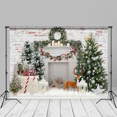 a fireplace decorated for christmas with presents and trees in front of it, surrounded by white brick walls