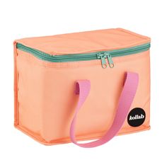 an orange and pink cooler bag with a green zipper on the side that says kolla