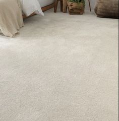 a bed room with a neatly made bed and white carpet