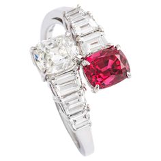 Toi et Moi Ring, 1 carat diamond cushion shape H/SI1 (GIA) with 1.21 vibrant red spinel of same shape from Mogok, on the sides 6 diamonds baguette cut E/VS, 0.88 carat mounted on white gold. Certified by a Swiss Laboratory. Weight: 4.63 grams. Size: 55 Mogok, Red Spinel, Crossover Ring, Baguette Cut, White Gold Ring, Baguette Diamond, 1 Carat, Vibrant Red, White Gold Rings