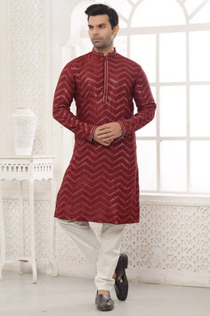 MAROON RAYON EMBROIDERED KURTA PYJAMA SET Celebration Kurta With Dabka Embroidery, Celebration Long Sleeve Kurta With Dabka Detailing, Long Sleeve Dabka Kurta For Celebration, Celebration Long Sleeve Kurta With Dabka, Long Sleeve Embroidered Kurta For Festival, Embroidered Long Sleeve Kurta For Festival, Embroidered Long Sleeve Traditional Wear For Celebration, Festive Traditional Wear With Dabka For Festival, Eid Celebration Long Sleeve Sets