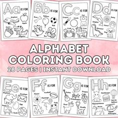 the alphabet coloring book for kids is shown on a pink background with white letters and numbers