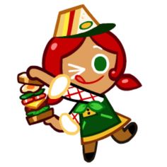 a cartoon girl holding a hamburger and wearing a hat with her hands in the air