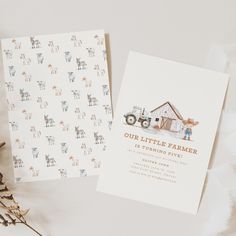 two farm animals are on the front and back of this little farmer baby shower book