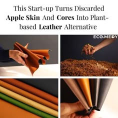 an advertisement for apple skin and core into plant - based leather