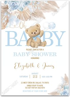 a baby shower is shown with a teddy bear on the front and blue flowers in the back