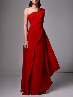 Entourage Gowns, Red Green Dress, Formal Wedding Guest Dress, Formal Wedding Guests, Gown Red, Evening Dresses Online, Dress With Pleats, Shoulder Stretch, Dresses Formal Elegant