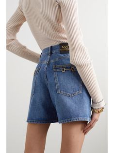 GUCCI Horsebit-detailed denim shorts | NET-A-PORTER Classic Gucci Denim Jeans, Designer Denim Bottoms With Pockets, Chic Short Jeans With Belt Loops, Classic Five Pockets Short Length Shorts, Casual Gucci Bottoms With Pockets, Gucci Casual Bottoms With Pockets, Classic Shorts With Five Pockets, Classic Jean Shorts With Belt Loops, Classic Five Pocket Jean Shorts