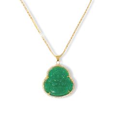 Product Details: 18K gold, stainless steel pendant set with jadeite & cubic zirconia. 18K gold, Stainless Steel chain. MEANING: Green jade carries the energy of the Earth and nature, providing a wholesome, nurturing energy that uplifts and soothes the heart. It draws the abundance of nature into your life, helping you create physical prosperity and wellbeing. Green jade represents growth and life and is known for bringing good luck, friendship, peace, and harmony to the wearer. Laughing Buddha: Green Gemstone Necklace For Good Luck, Green Amulet Pendant Crystal Necklace, Green Pendant Crystal Amulet Necklace, Green Jade Jewelry With Adjustable Chain, Green Amulet Crystal Pendant Necklace, Gold Jade Amulet Necklace, Gold Jade Gemstone Crystal Necklace, Gold Jade Crystal Necklace With Gemstone, Green Jade Amulet Necklace