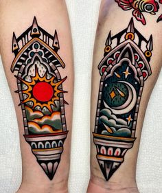 two tattoos on the legs of people with different designs and colors, one has a clock