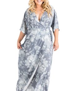 Sleek and elegant, this kimono wrap maxi dress is comfortable and flowy, making this semi-formal style transition perfectly from day to night. It features wide kimono sleeves, a wrap tie cinched waist and gorgeous v-neckline. Plus-size maxi dresses (like this cute number) look amazing on all body shapes while being a versatile closet staple. Wear it as a spring party dress or layer a fun cardigan or sweater over it, letting its full maxi skirt do all the talking. Runs slightly large in the bust. Spring Flowy Faux Wrap Maxi Dress, Flowy Wrap Dress For Brunch, Elegant Spring Kimono Maxi Length, Elegant Maxi Length Kimono For Spring, Elegant Spring Maxi Length Kimono, Flowy Maxi Length Faux Wrap Dress, Flowy Wrap Dress With Tie Waist, Flowy Faux Wrap Dress, Elegant Flowy Faux Wrap Maxi Dress