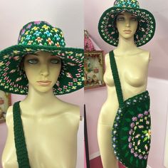 "Fun vintage 70s handmade crochet hat and purse set. Bucket style floppy hat with matching purse. Dark green with multi colored floral design. Purse is round and has zippered closure along the top. Can be worn on shoulder or crossbody depending on your body type. New without tags.  Excellent Condition  Hat measurements:  @22\" around head (has stretch to it) Cap is @4.5\" high (band to crown) @14\" across  Purse measures 20\" across and has @33\" strap. I will be listing a couple more hats like this in different colors." Green Bohemian Crochet Hat For Festivals, Green Bohemian Hat, Hippie Crochet Beach Hat, One Size, Handmade Multicolor Hippie Crochet Hat, Bohemian Multicolor One-size Hats, Hawaiian Hats, Hippie Hat, Floral Bucket Hat, Hippie Purse