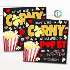 two black and red popcorn themed birthday cards with the words gravy, corny, but we just wanted to pop by