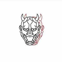 a line drawing of a demon's head with red lines on the face and horns