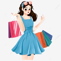 a woman in a blue dress holding shopping bags