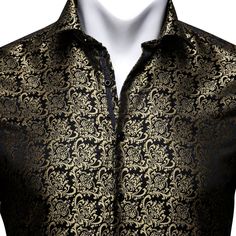 This is the perfect shirt for any man who wants to look stylish and sophisticated. The ornamental print is elegant and timeless, and the shirt fits comfortably and looks great on anyone. Whether you're dressing up for a special event or just want to feel your best, this is the shirt for you. Handmade 100% Silk Paisley Dry Clean Only - 30-DAY MONEY-BACK GUARANTEE - Try it! If you don't love it, send it back. We offer free shipping on returns and exchanges. Take your time! You've got 30 days to de Classic Patterned Formal Shirt, Elegant Formal Patterned Shirt, Elegant Patterned Formal Shirt, Luxury Formal Baroque Print Tops, Classic Patterned Business Shirt, Elegant Gold Formal Tops, Elegant Gold Tops For Formal Occasions, Elegant Slim Fit Dress Shirt For Party, Elegant Slim Fit Party Dress Shirt