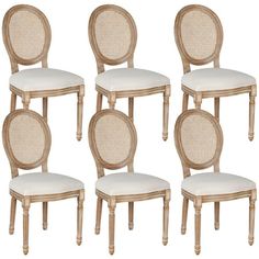 six chairs with white upholstered back cushions