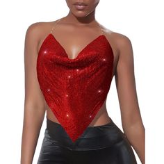 Red Sequined Metal Chains Halter Camisoles Evening Party Season Halter Neck Tank Top, Red Backless Tank Top For Summer, Party Halter Neck Crop Top Vest, Party Crop Top Vest With Spaghetti Straps, Red Tank Top For Summer Parties, Glamorous Club Tank Top With Halter Neck, Party Halter Neck Tank Top, Glamorous Halter Neck Tank Top For Club, Elegant Camisole Tank Top For Club