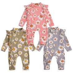 daisy pattern zipper romper | zip up from neck to ankle | banded cuffs to keep sleeves from riding up | long sleeve one-piece | soft cotton fabric | machine washable Woman Costumes, Daisy Flower Pattern, Brown Long Sleeve, Baby Fits, Purple Long Sleeve, Daisy Pattern, Baby Pacifier, Pink Long Sleeve