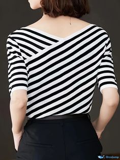 Orcajump - V-neck Striped Knitted Top, Casual Short Sleeve Top For Spring & Summer, Women's Clothing Striped Stretch V-neck Top, Striped V-neck Summer Sweater, Summer Striped V-neck Sweater, Striped Knit V-neck Sweater, Black V-neck Sweater For Summer, Knitted Striped V-neck Top, Striped V-neck Knit Top For Summer, Striped V-neck Knit Top For Spring, Knitted Top